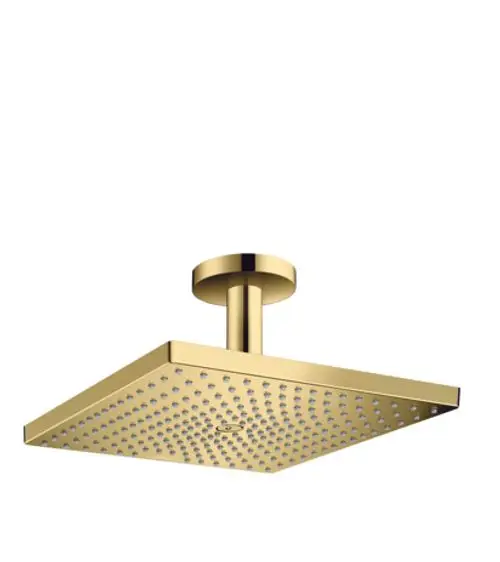 Deckenmontierte Kopfbrause in glänzendem Gold von Hansgrohe mit quadratischem Design und Wasserstrahl-Düsen auf der Unterseite.